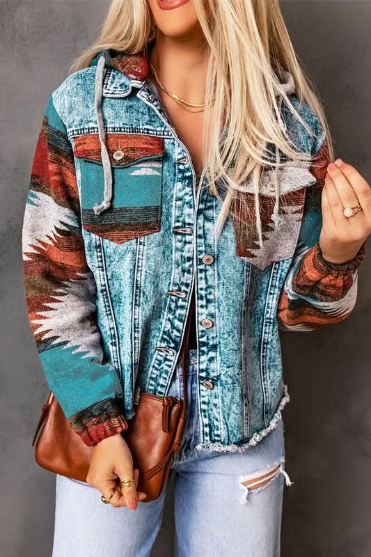 Geometric Print Frayed Hem Denim Jacket - Love Salve
